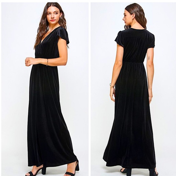 Black Velvet Flutter Sleeve V-Neck Maxi Dress - Picture 2 of 6